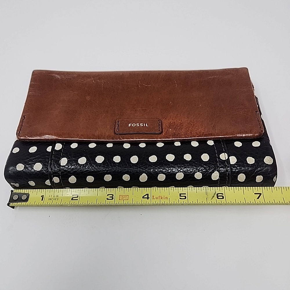 Fossil Vintage Wallet Sydney Brown Leather Retro Black White Polka Dot Trifold - Picture 5 of 16